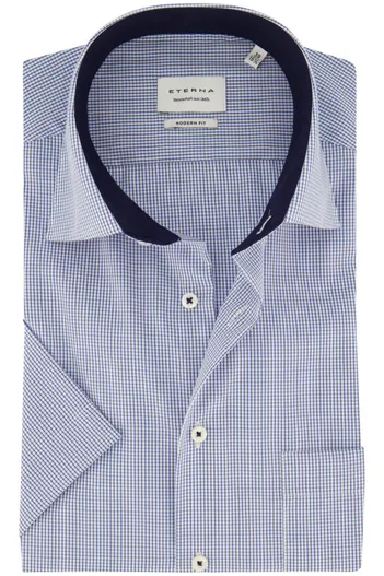 Eterna Strijkvrij Eterna overhemd Modern Fit korte mouw blauw geruit