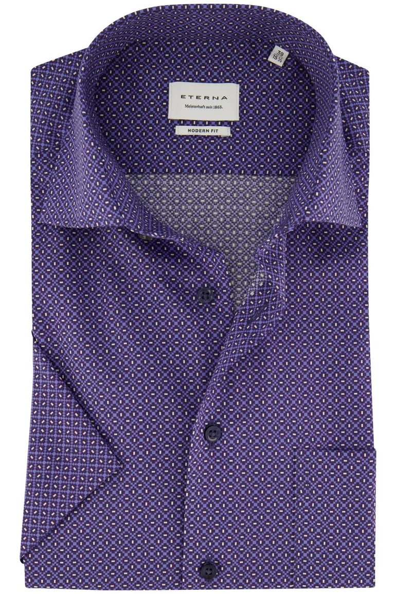 Blauw geprint Eterna overhemd borstzak modern fit korte mouw