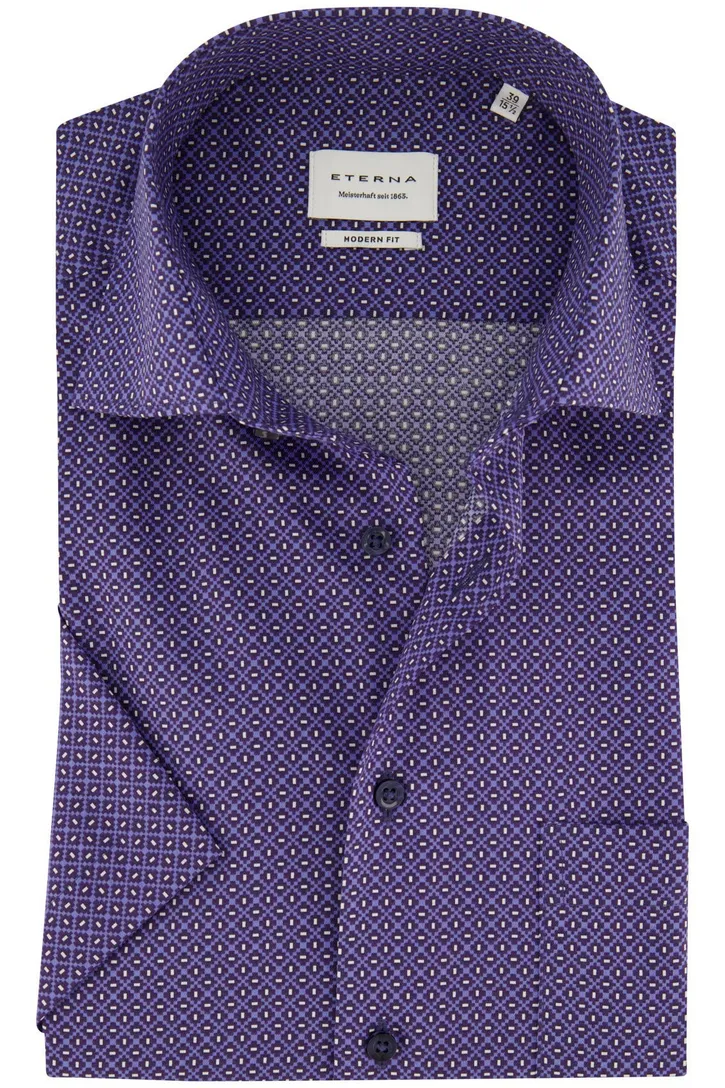 Eterna borstzak overhemd korte mouw blauw geprint modern fit