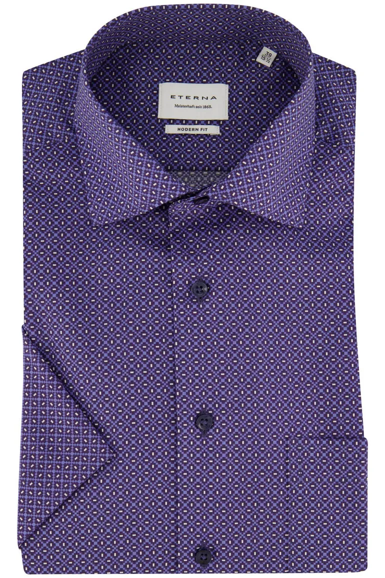 Blauw geprint Eterna overhemd borstzak modern fit korte mouw