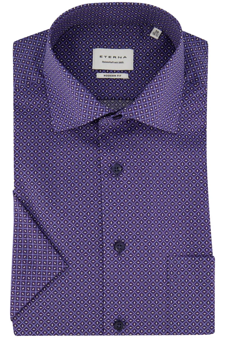 Eterna borstzak overhemd korte mouw blauw geprint modern fit