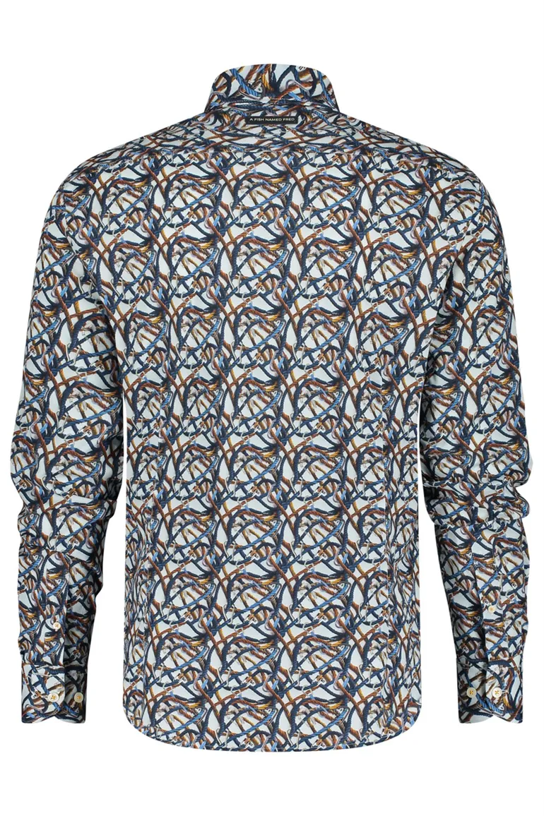 A Fish Named Fred overhemd blauw oranje geel geprint