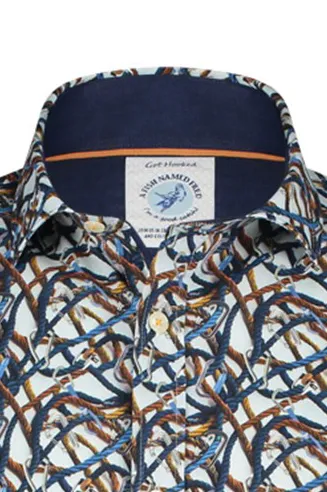 A Fish Named Fred overhemd blauw oranje geel geprint