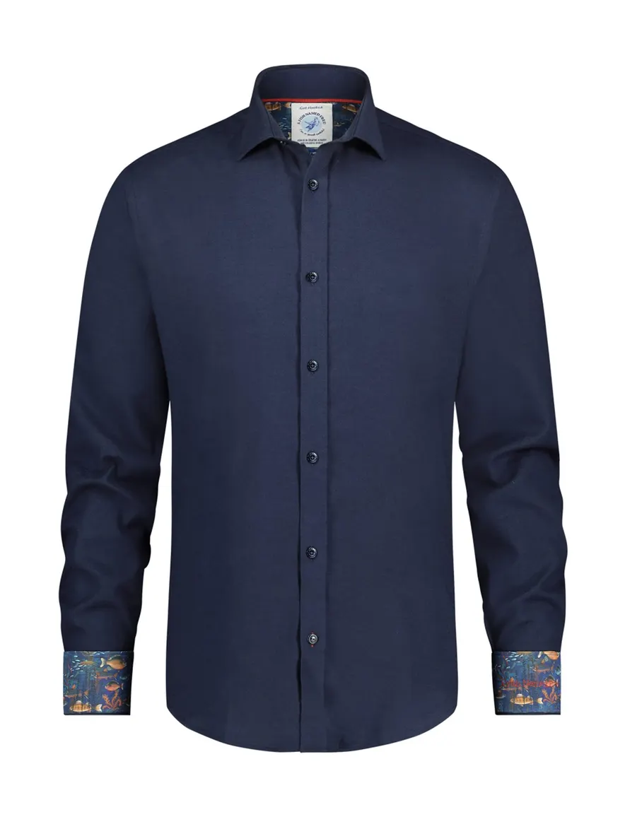 A Fish Named Fred overhemd navy effen katoen wol slim fit