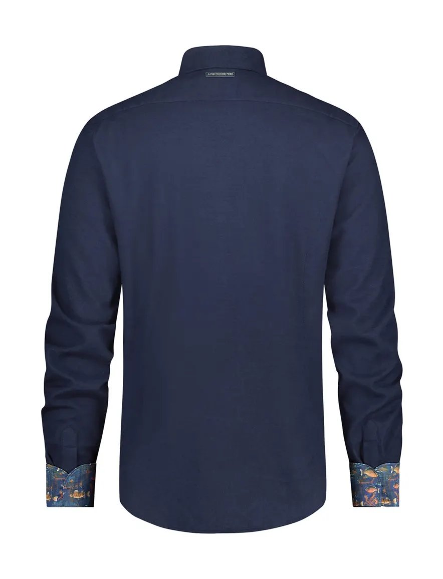 A Fish Named Fred overhemd navy effen katoen wol slim fit