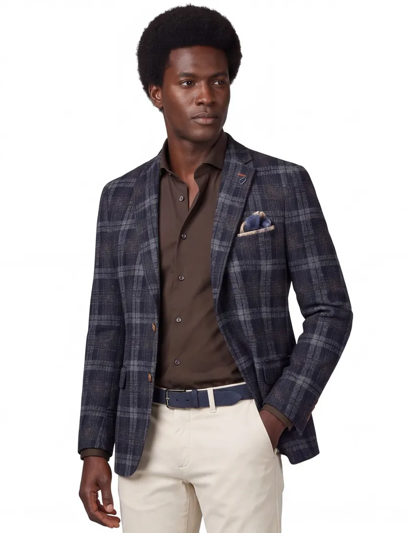 A Fish Named Fred colbert donkerblauw geruit pochet slim fit