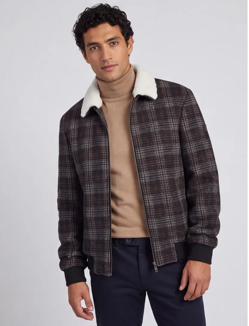 A Fish Named Fred kort bomberjack bruin geruit slim fit