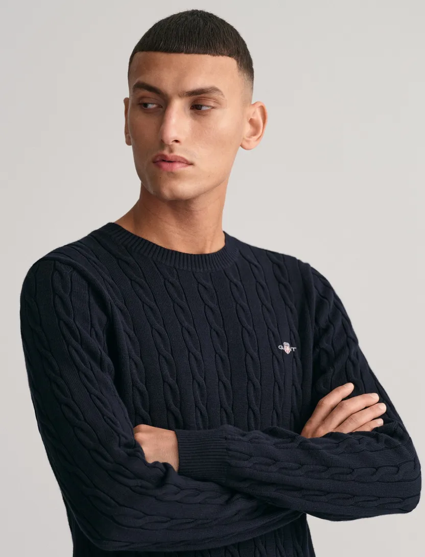 Gant kabeltrui navy ronde hals katoen normale fit