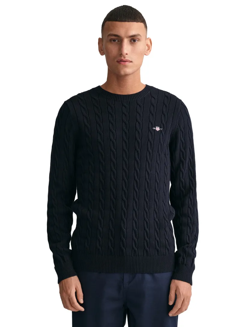 Gant kabeltrui navy ronde hals katoen normale fit