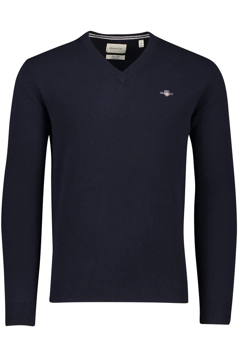 Gant gebreide v-hals trui donkerblauw effen 100% lamswol