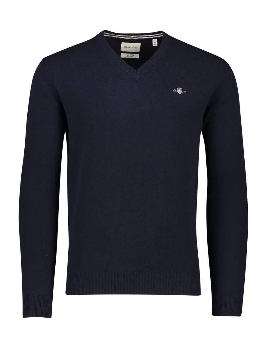 trui Gant donkerblauw effen lamswol v-hals