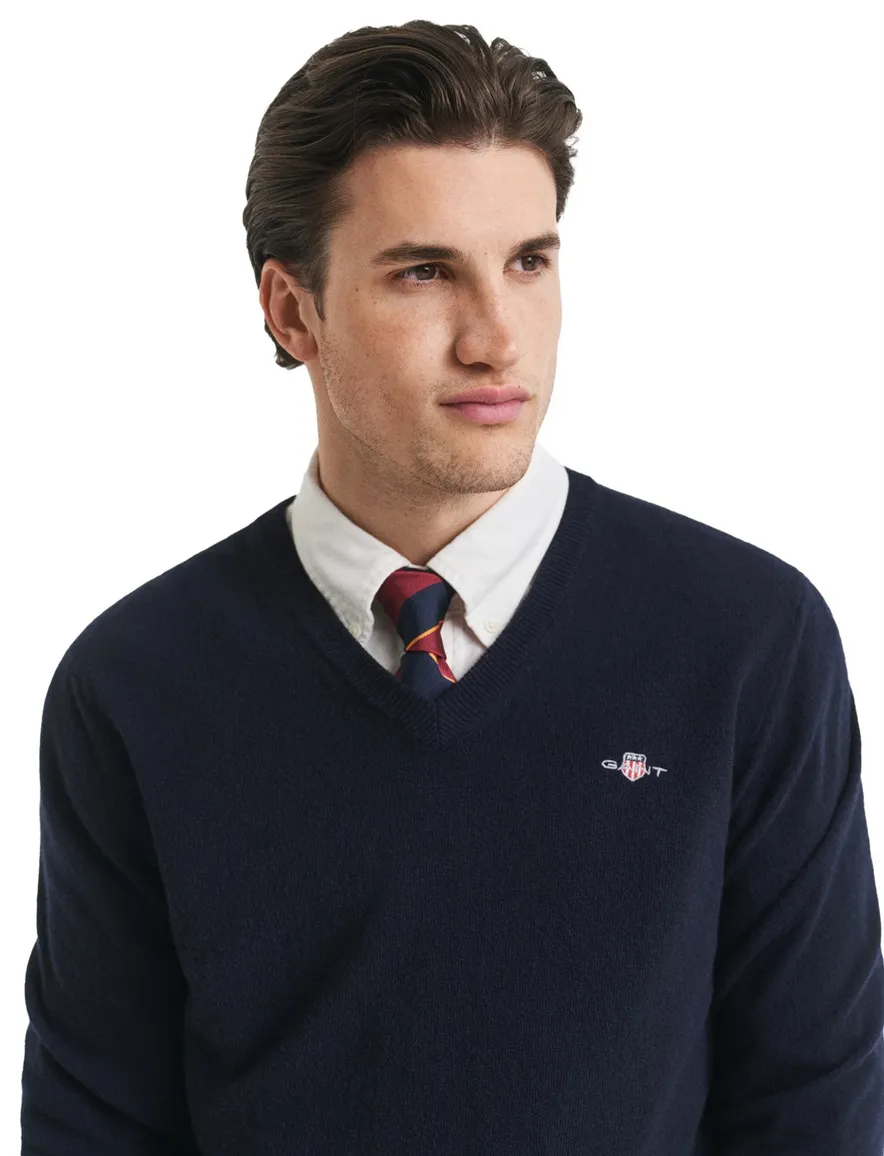 Gant gebreide v-hals trui donkerblauw effen 100% lamswol