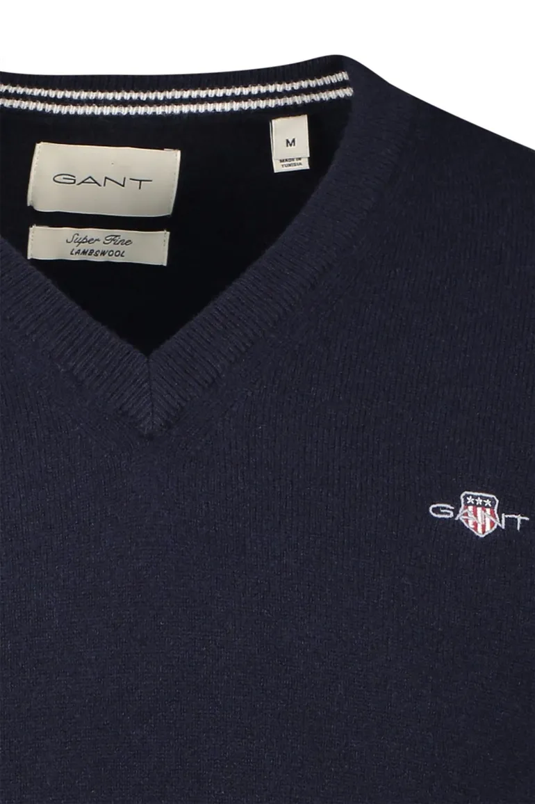Gant gebreide v-hals trui donkerblauw effen 100% lamswol