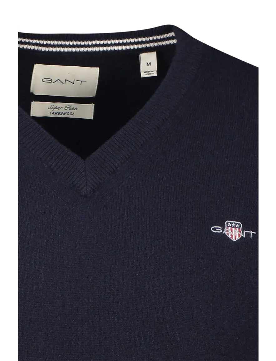 trui Gant donkerblauw effen lamswol v-hals
