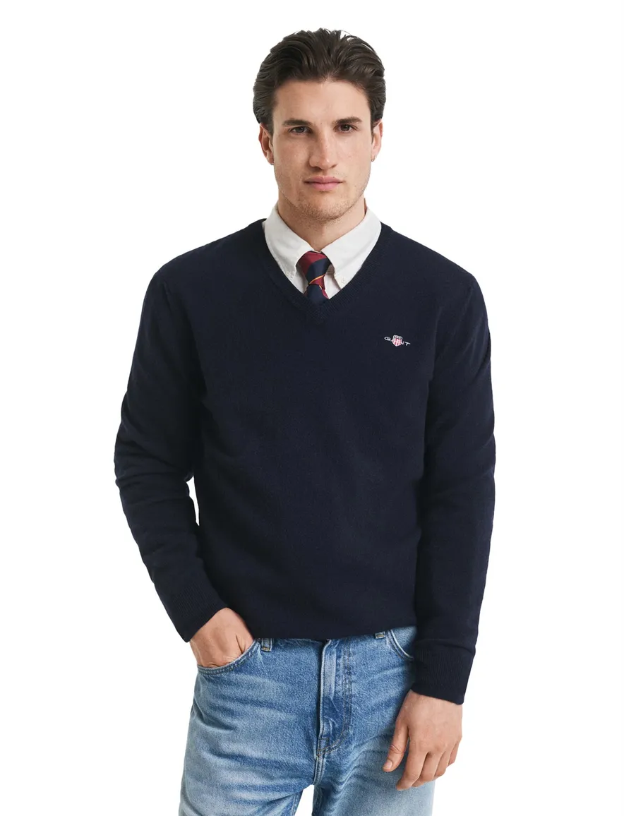 Gant gebreide v-hals trui donkerblauw effen 100% lamswol
