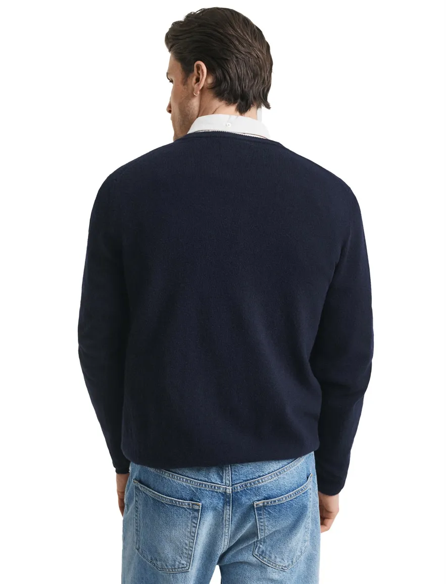 Gant gebreide v-hals trui donkerblauw effen 100% lamswol