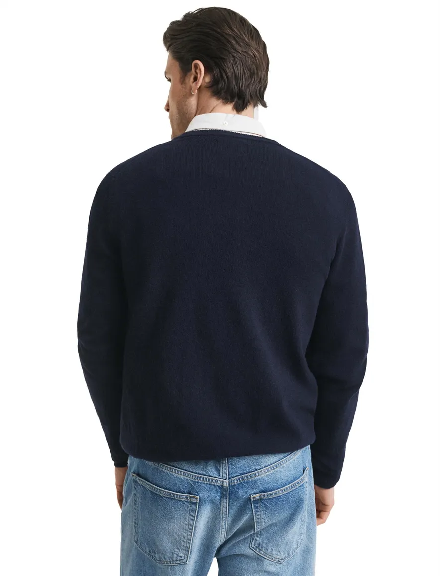 trui Gant donkerblauw effen lamswol v-hals