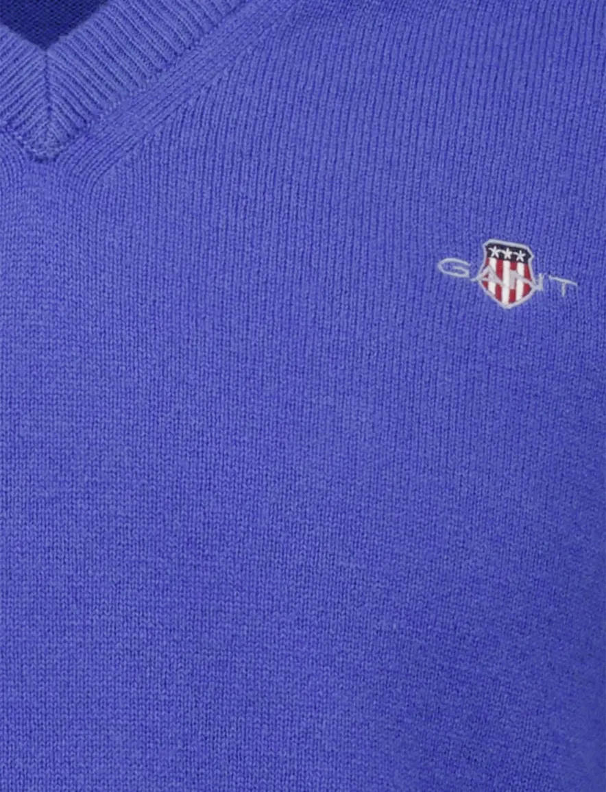 Gant trui blauw v-hals merinowol effen met logo