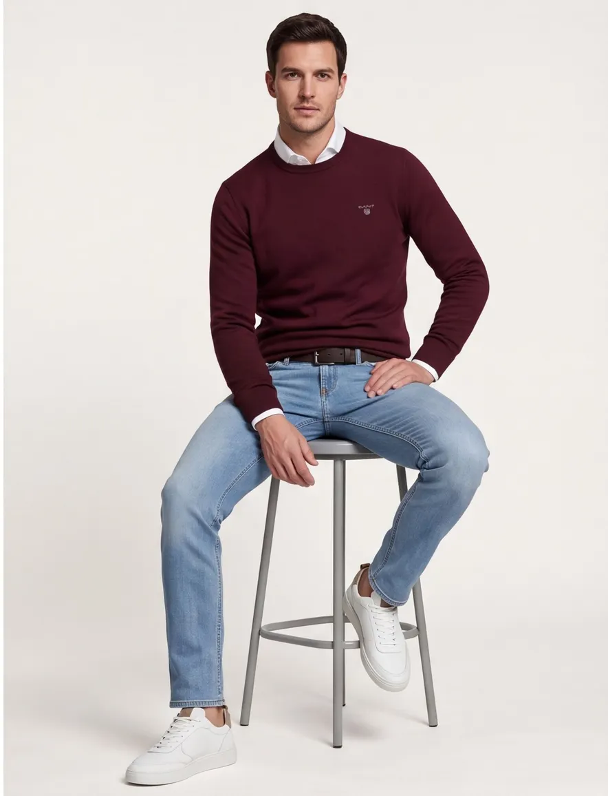 trui Gant rood effen lamswol ronde hals
