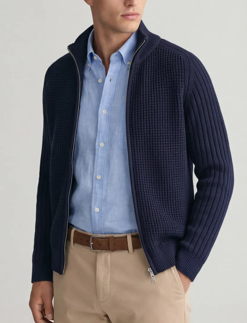 Gant vest donkerblauw wol grof gebreid effen