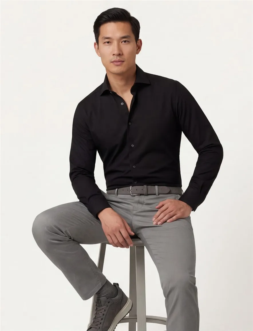 Overhemd Michaelis Slim Fit zwart effen strijkvrij