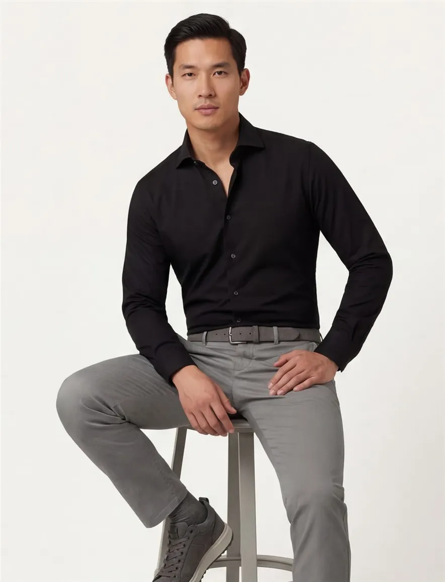 Overhemd Michaelis Slim Fit zwart effen strijkvrij