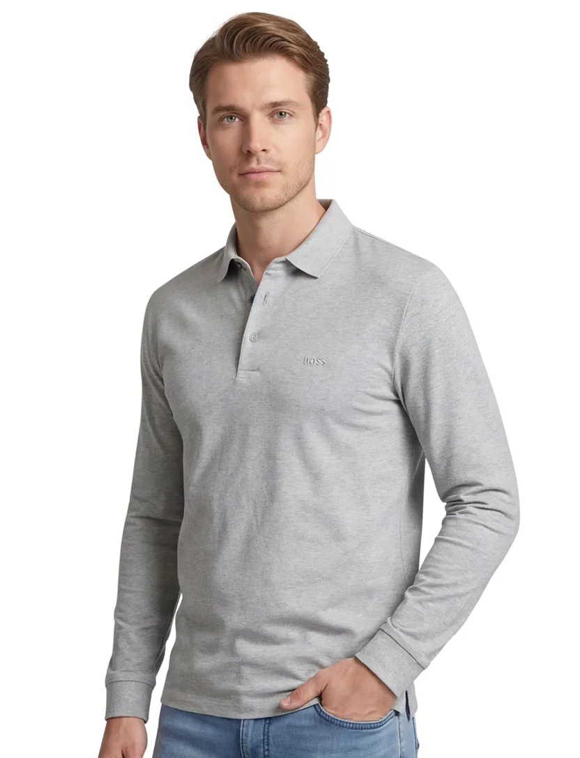 Hugo Boss polo Pado grijs gemêleerd katoen normale fit 3 knoops