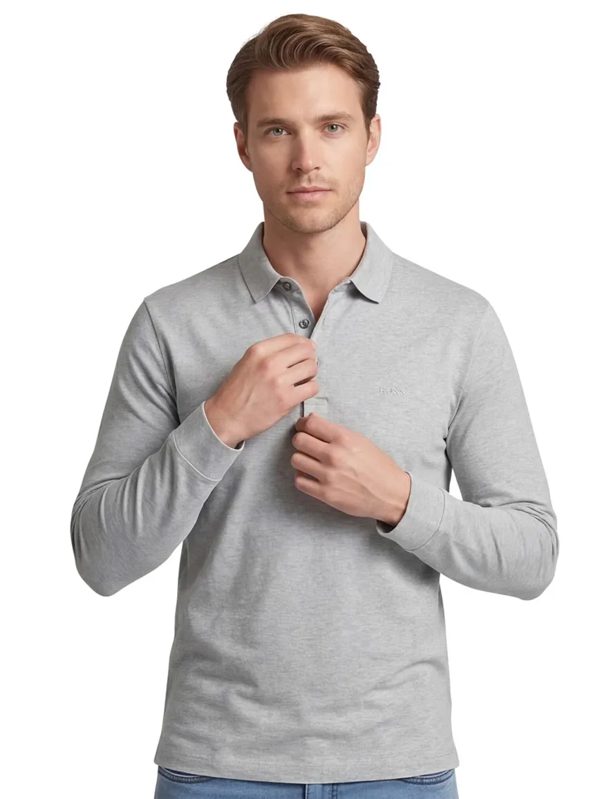 Boss Black polo Pado normale fit grijs gemêleerd