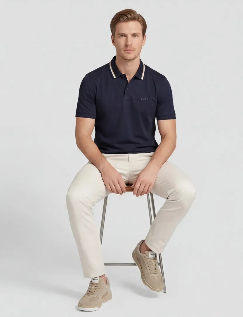 katoenen Boss Black polo effen donkerblauw slim fit