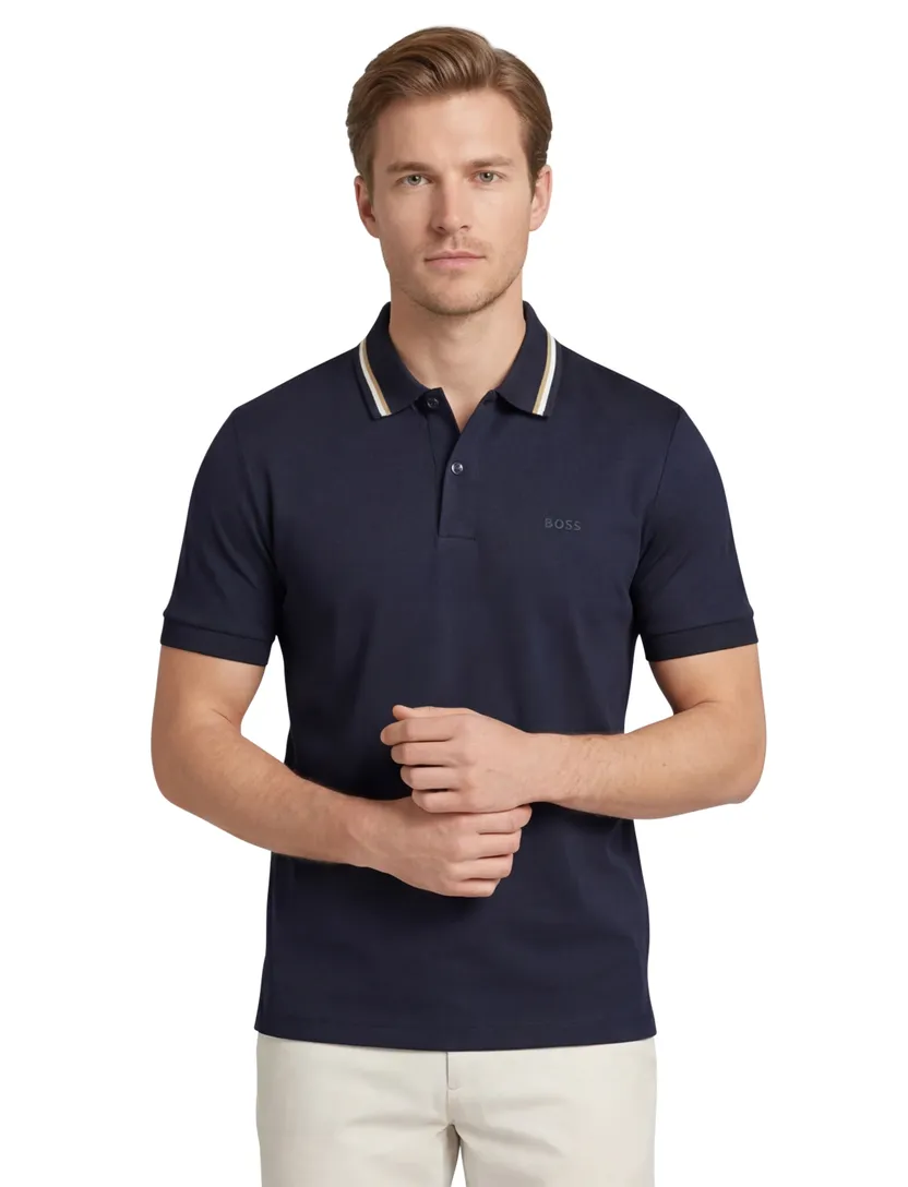 katoenen Boss Black polo effen donkerblauw slim fit