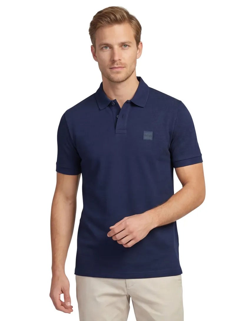 Katoenen BOSS polo effen donkerblauw slim fit