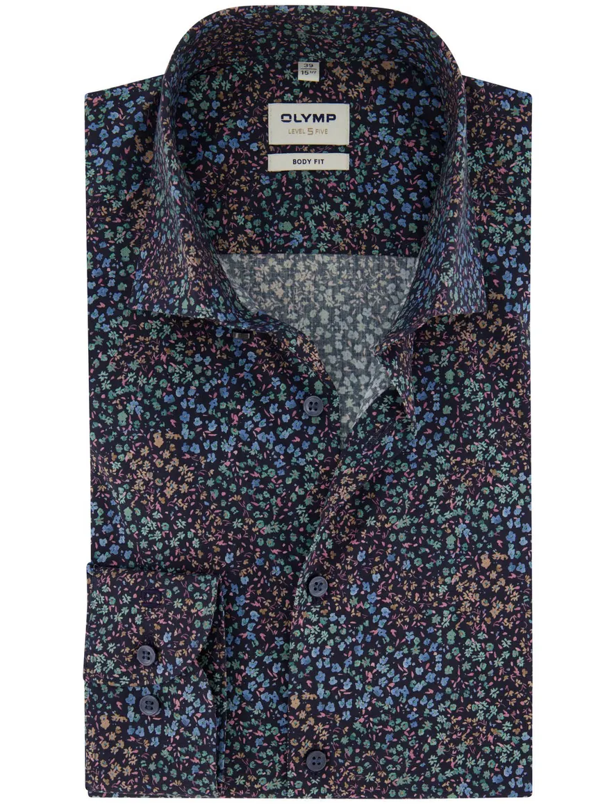 Olymp body fit overhemd donkerblauw geprint