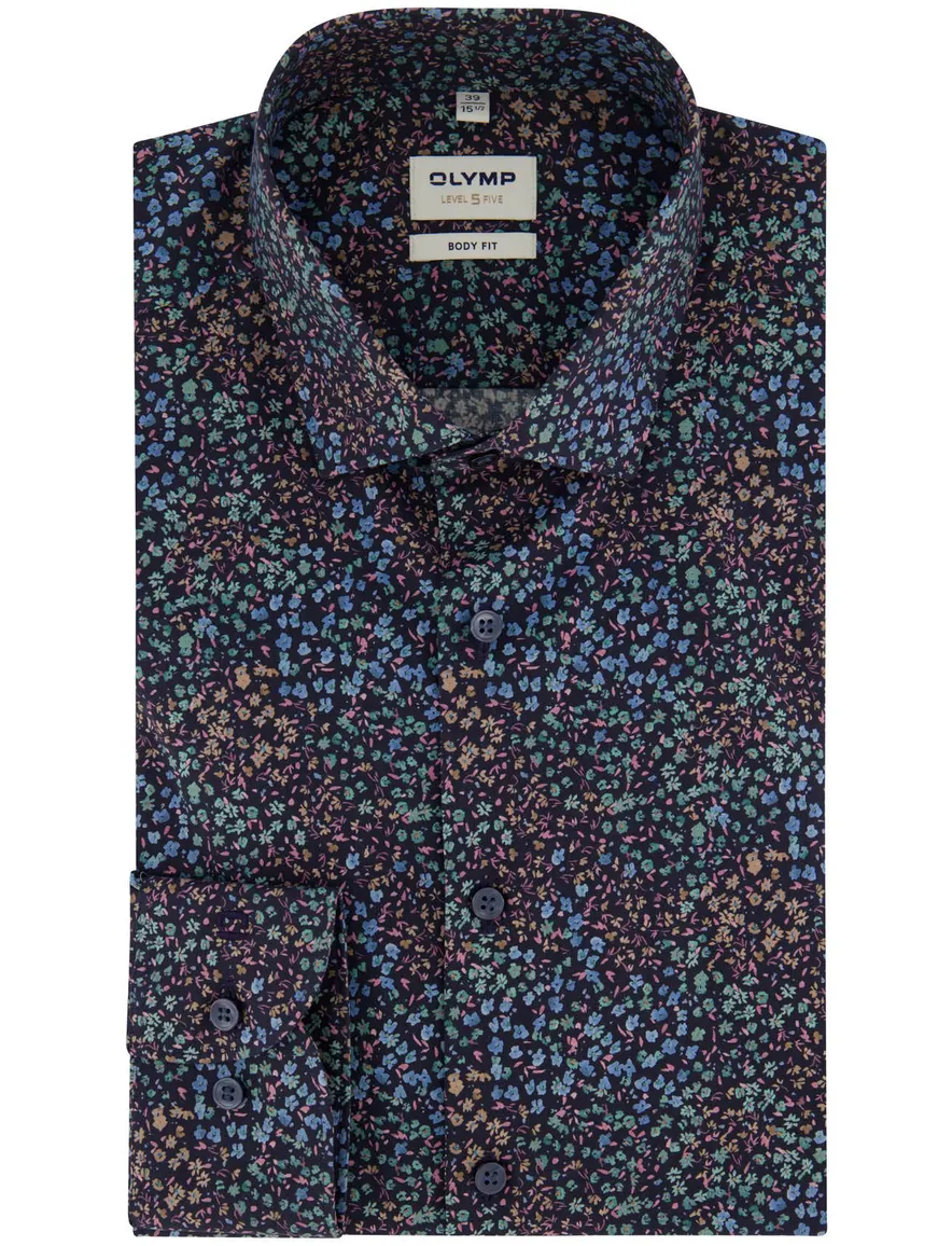 Olymp body fit overhemd donkerblauw geprint