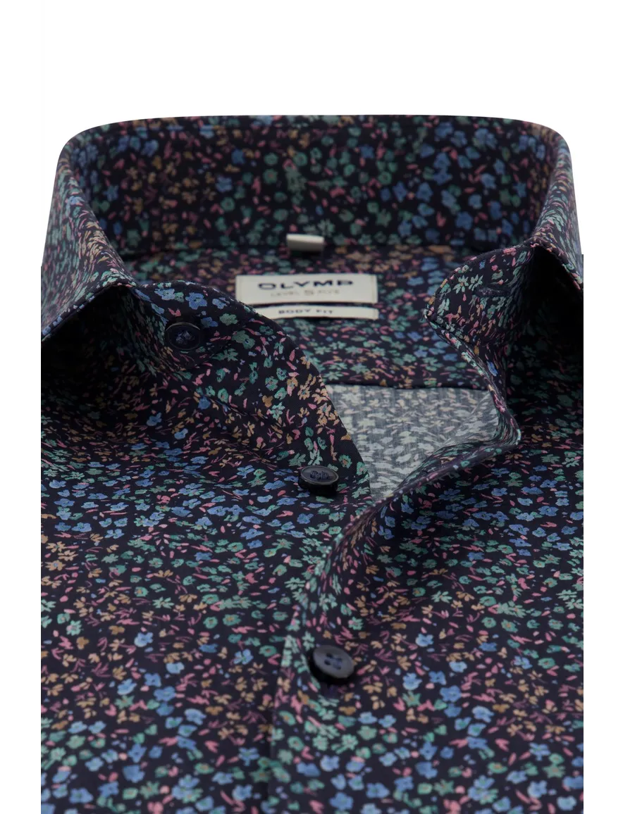Olymp body fit overhemd donkerblauw geprint