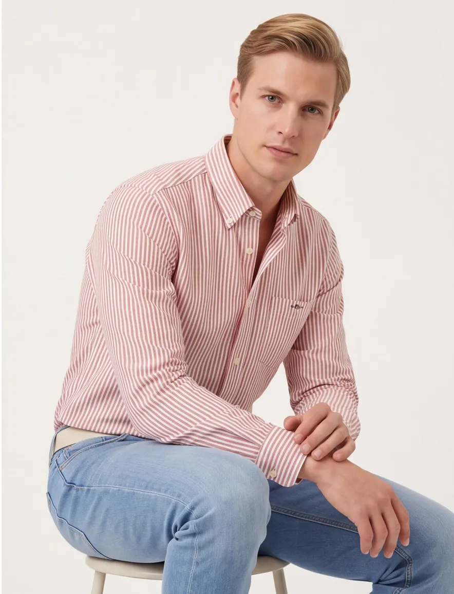 Gant Regular Fit casual overhemd rood wit gestreept Oxford
