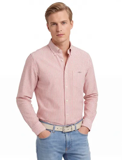Gant casual overhemd Gant Regular Fit rood wit gestreept Oxford