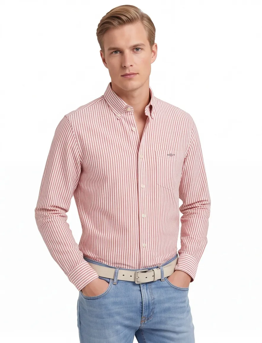 Gant Regular Fit casual overhemd rood wit gestreept Oxford