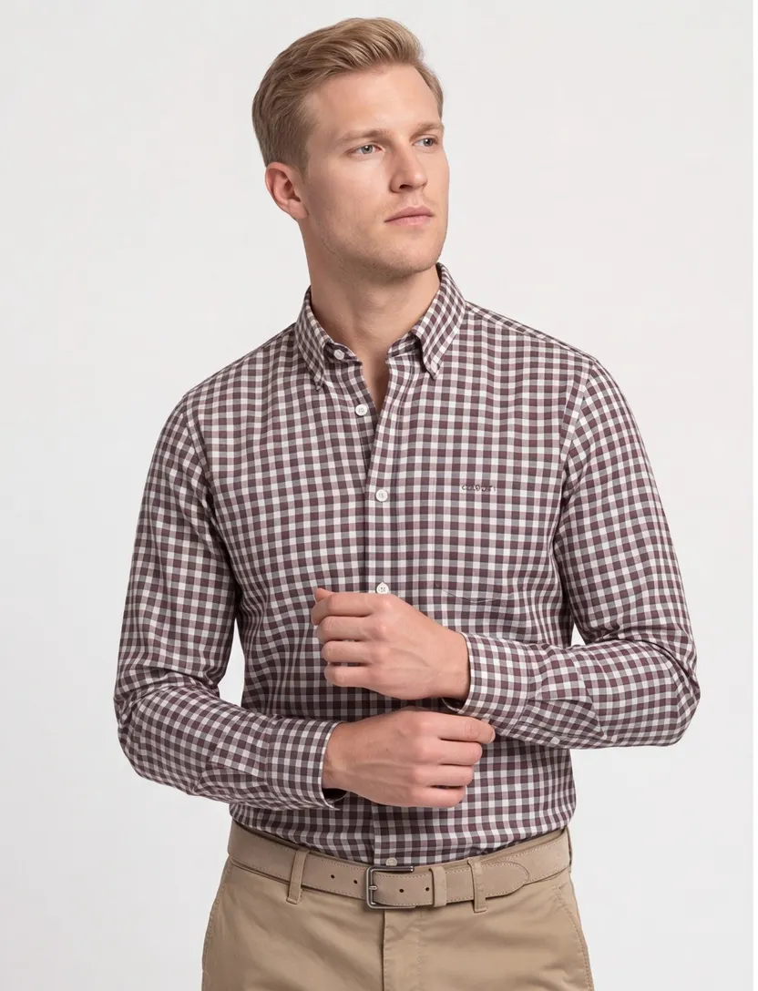 Gant overhemd bruin geruit button-down katoen