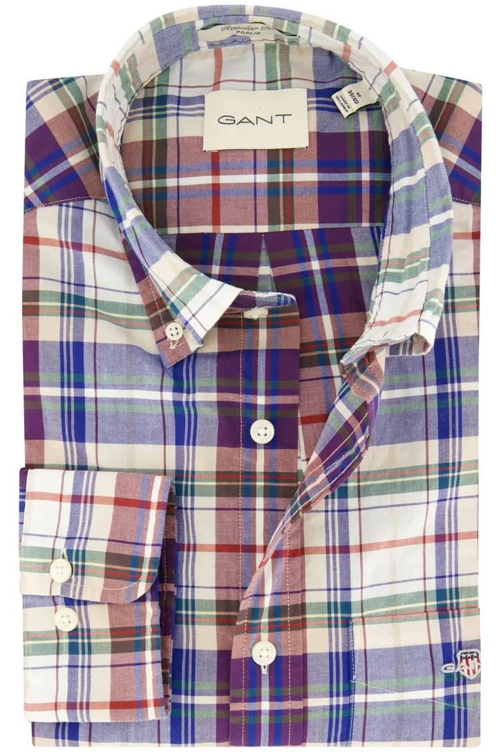 Normale Fit Gant casual overhemd blauw geruit katoen