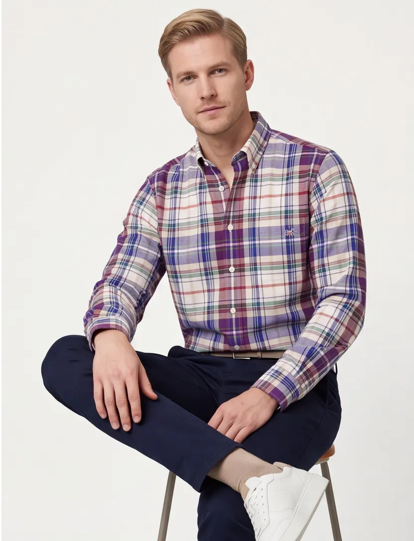 Normale Fit Gant casual overhemd blauw geruit katoen