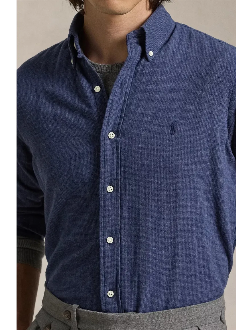 casual overhemd Polo Ralph Lauren donkerblauw effen katoen wijde fit