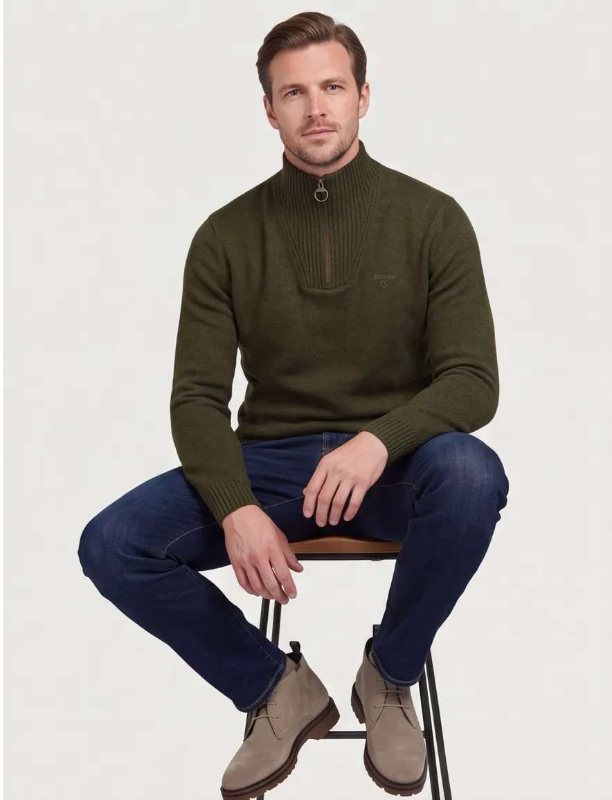 Barbour half zip trui donkergroen gemêleerd