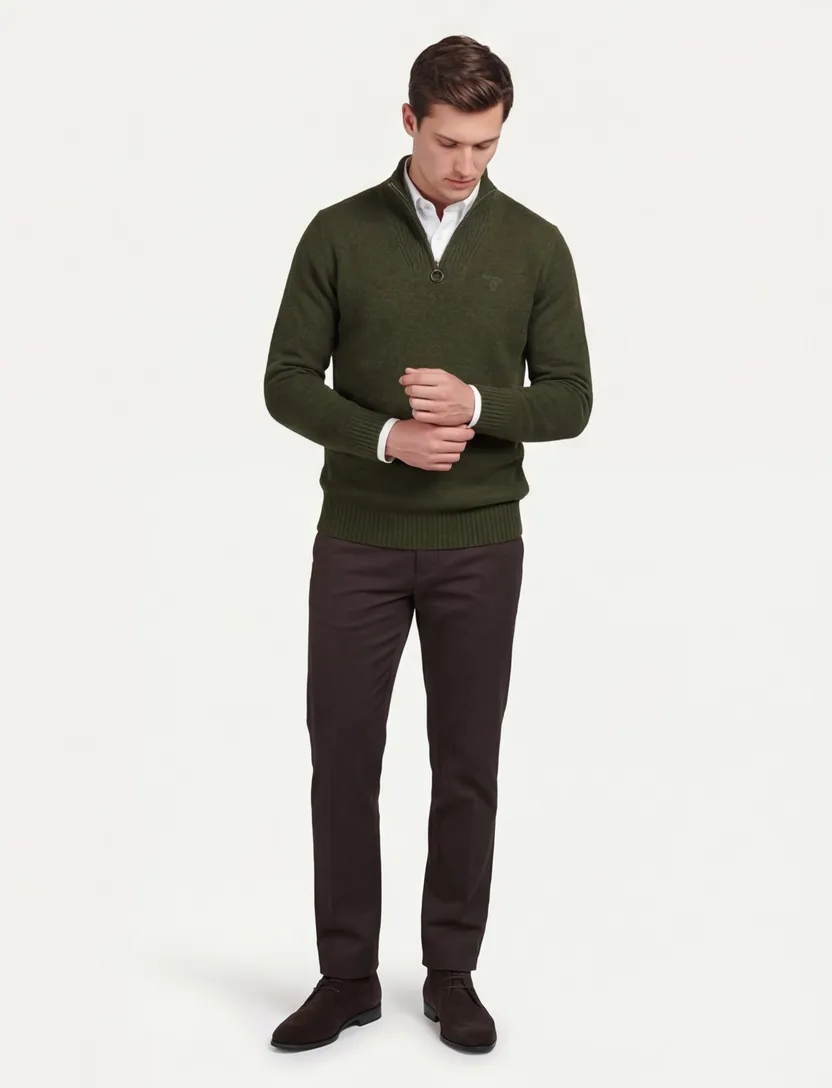 Gebreide halfzip trui Barbour groen lamswol