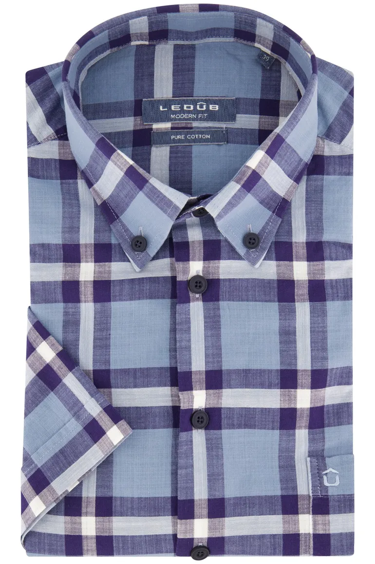Blauw geruit Ledub overhemd korte mouw