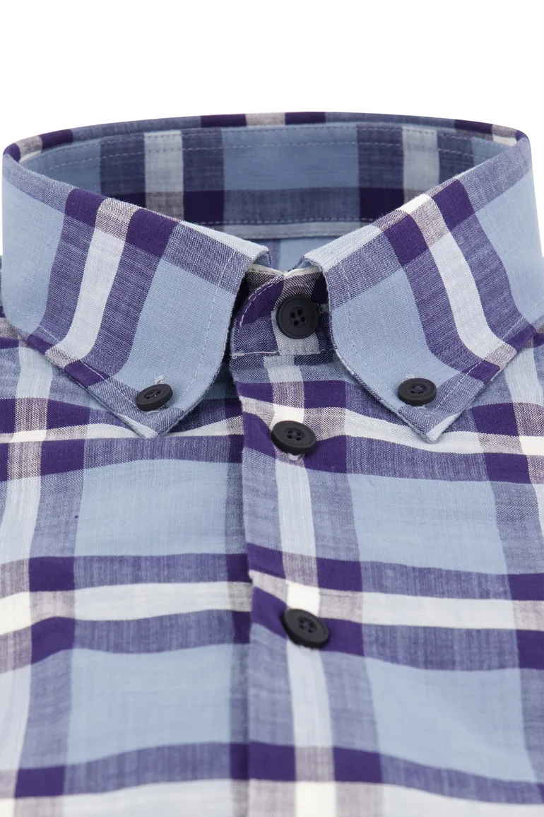 Blauw geruit Ledub overhemd korte mouw