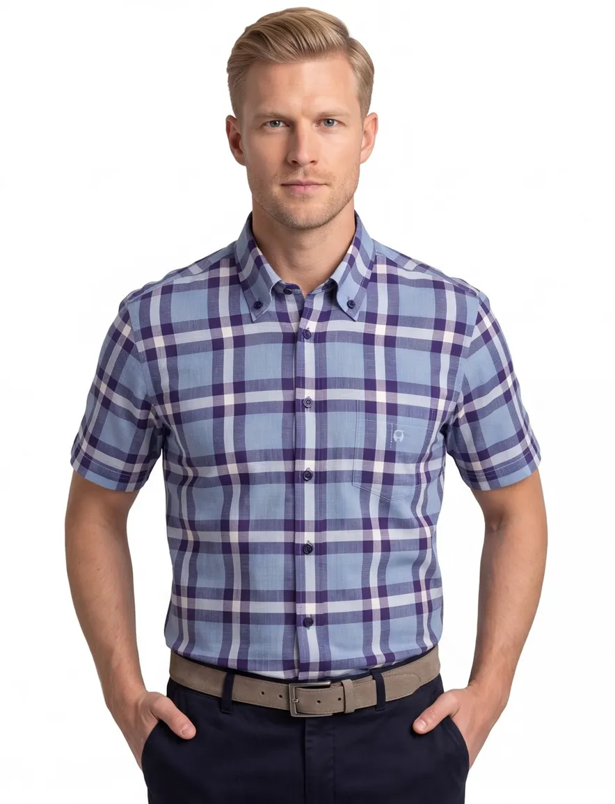 Blauw geruit Ledub overhemd korte mouw