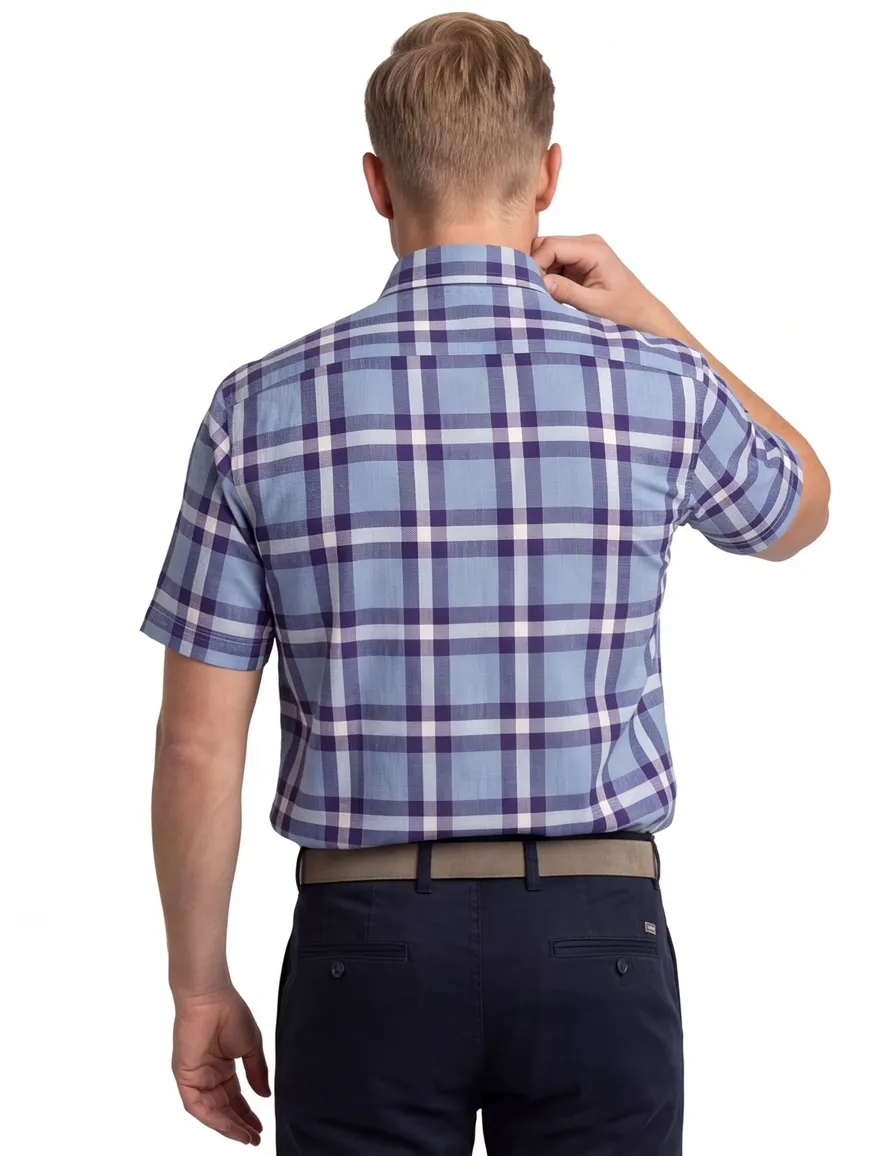 Blauw geruit Ledub overhemd korte mouw