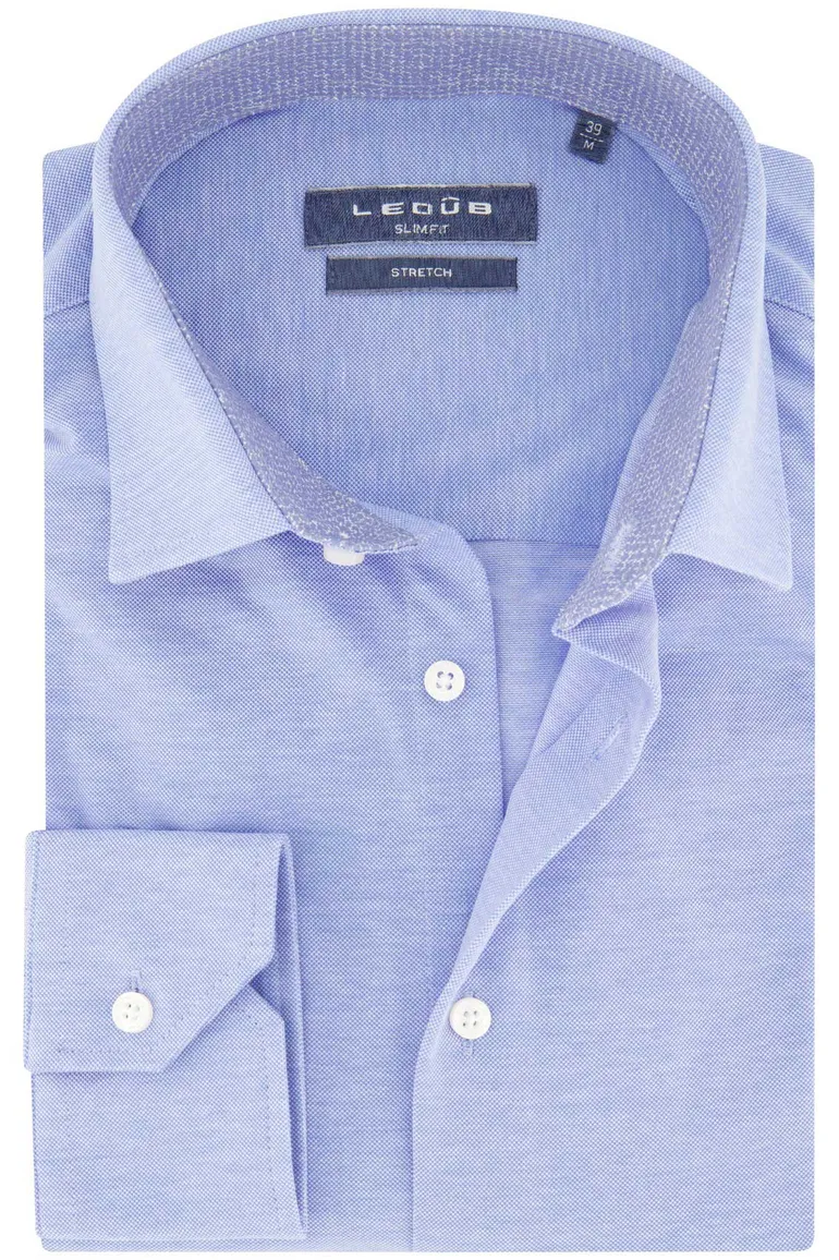 Slim fit Ledub overhemd effen blauw stretch
