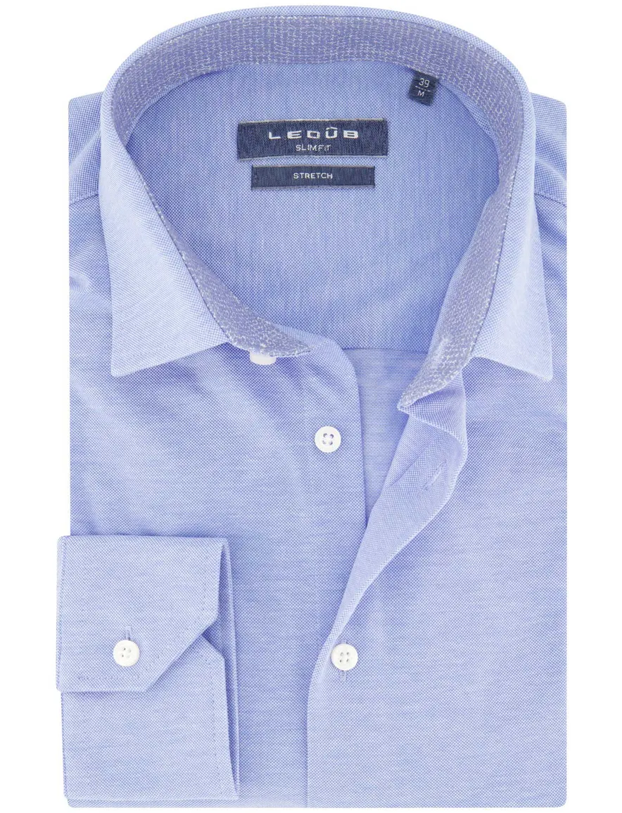Slim fit Ledub overhemd effen blauw stretch