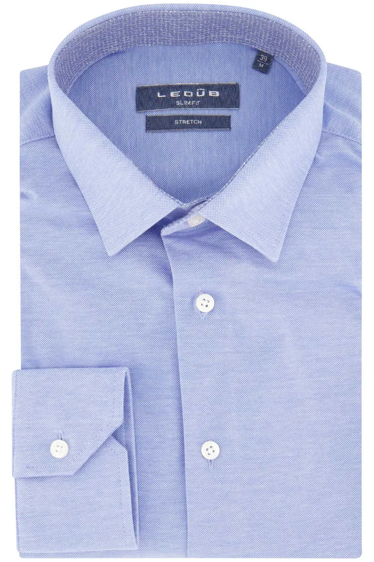 Slim fit Ledub overhemd effen blauw stretch